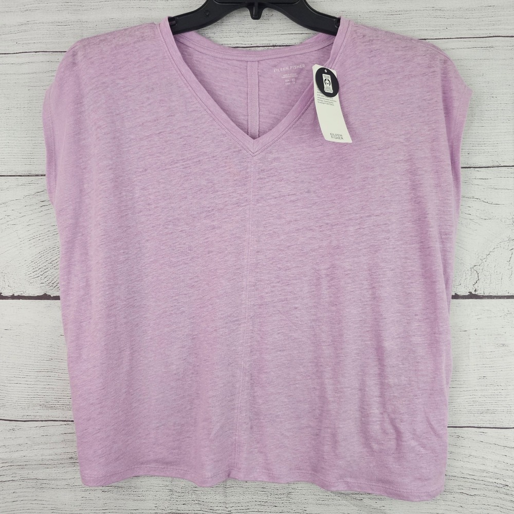 Eileen Fisher XS Light Purple Organic Linen V Neck Boxy Square T Shirt NWT 1627